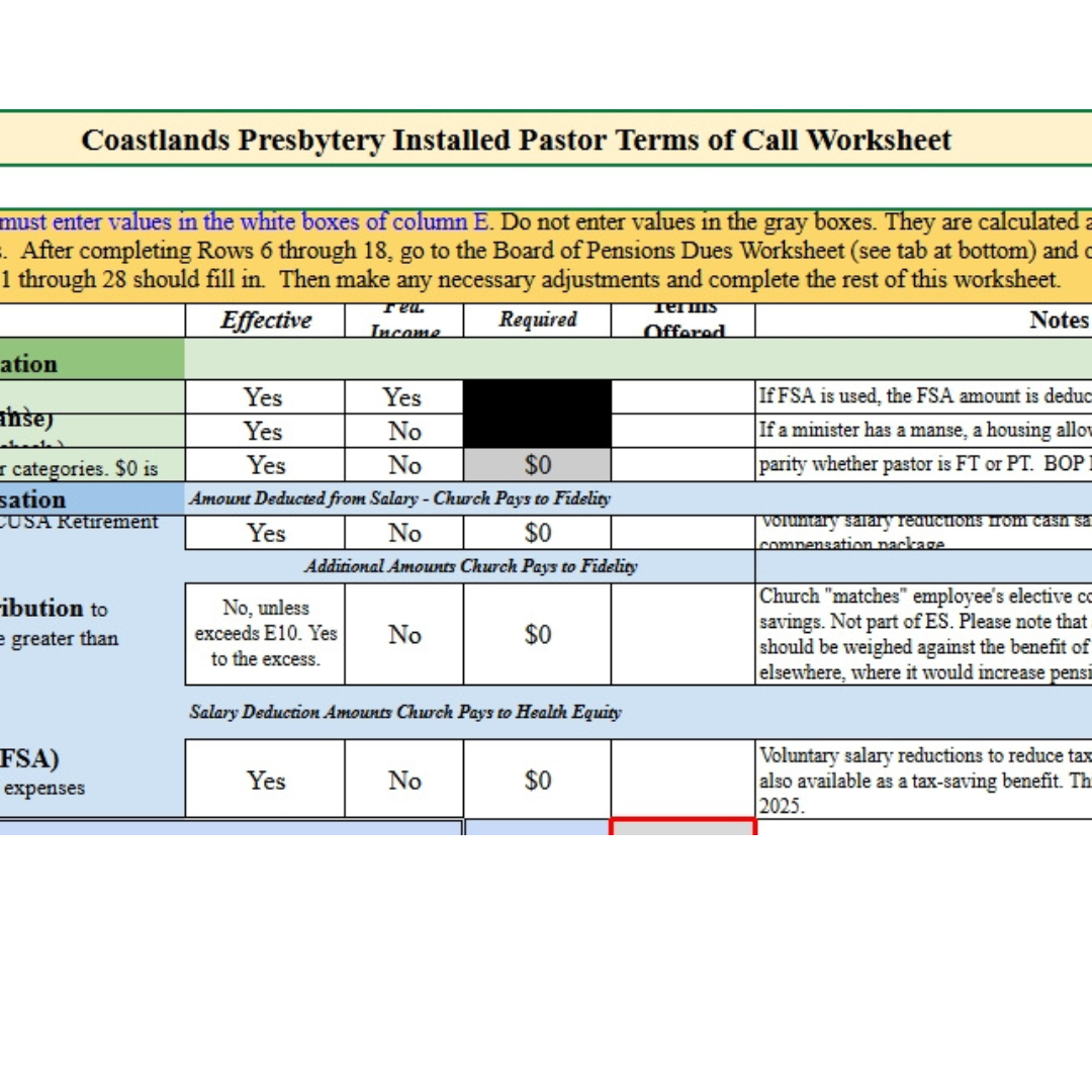 Installed Pastor Terms of Call Worksheet 2025 Coas